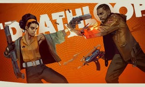 An illustration of antagonist Julianna and protagonist Colt pointing guns at eachother, with Deathloop's logo in the background