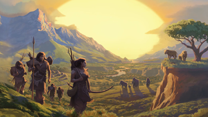 Box art for Catan's Dawn of Humankind expansion pack, showing prehistoric humans in a field.