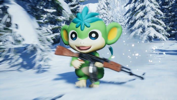 A monkey-looking Pal with an AK-47 sprints through the snow in Palworld. A monkey-looking Pal with an AK-47 sprints through the snow in Palworld.