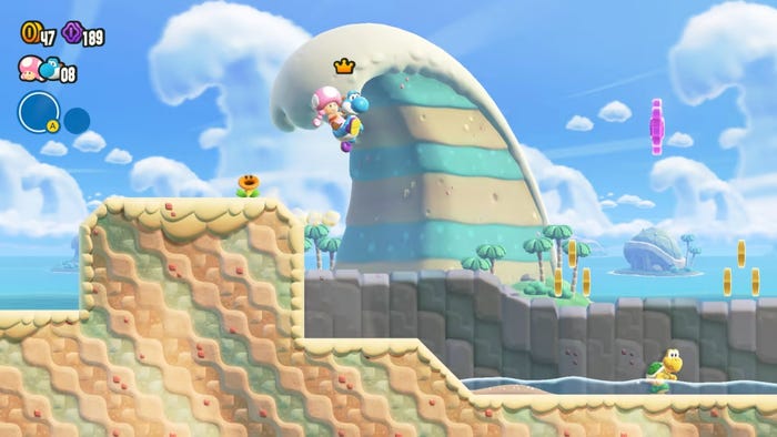 Toadette riding Yoshi in a tropical level
