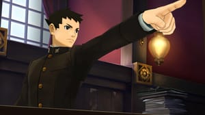 Naruhodo of The Great Ace Attorney Chronicles points with his finger from the defense stand Naruhodo of The Great Ace Attorney Chronicles points with his finger from the defense stand