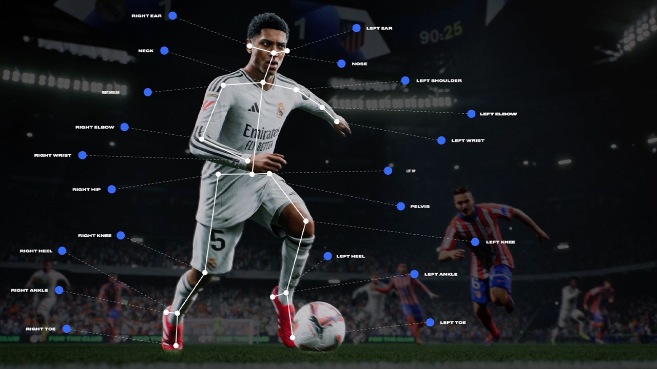 A visual representation of a digital soccer player (Jude Bellingham) being analysed by TRACAB technology A visual representation of a digital soccer player (Jude Bellingham) being analysed by TRACAB technology