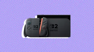 The Switch 2 (docked) on a purple background The Switch 2 (docked) on a purple background