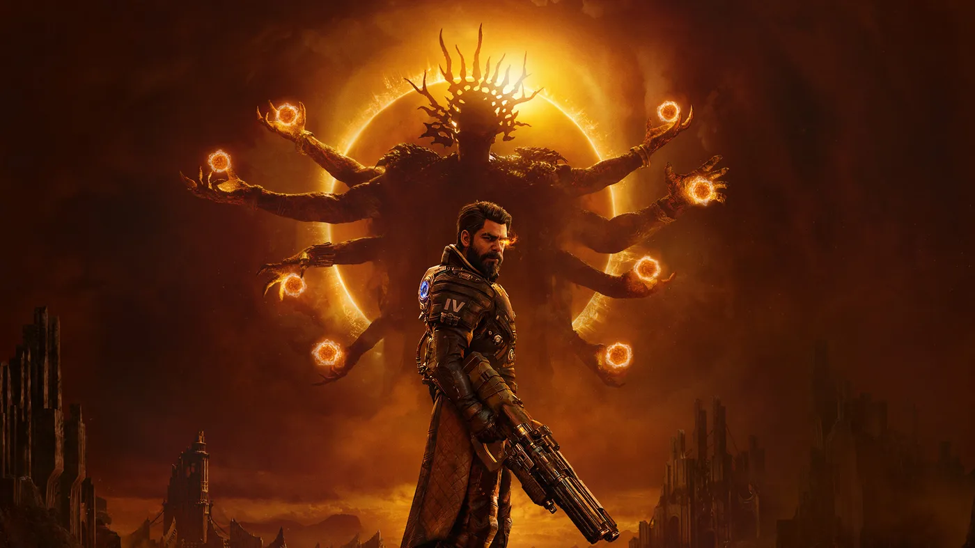 Key art for Saros, showing the player character illuminated by an alien and ominous sun. Key art for Saros, showing the player character illuminated by an alien and ominous sun.