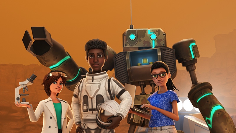 A group of NASA-themed Roblox avatars stand in front of a robot.