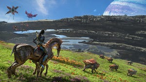 A screenshot from Avatar: Frontiers of Pandora. A Na'vi rides a horse-like creature over a grassy sci-fi plain.
