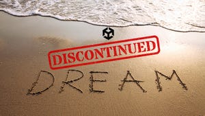 The word "dreams" carved into sand at a beach. The Unity logo and a sign saying "discontinued" hang over it.