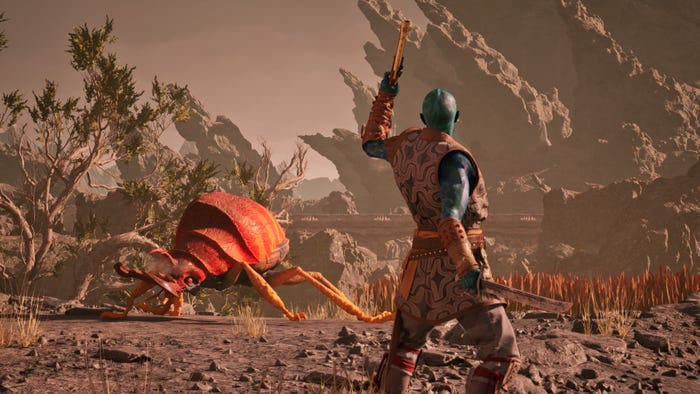 Kay raises his gun while staring down a Beetle monster in Avowed. Kay raises his gun while staring down a Beetle monster in Avowed.