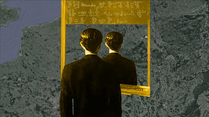 A person looking into a reflection of themself, but the reflection is reversed and facing away from them