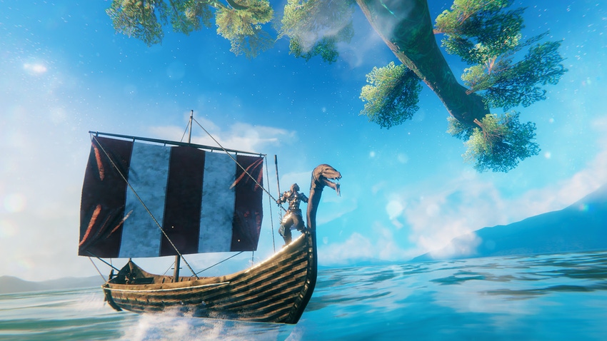 A player at sail in a screenshot for Iron Gate Studios' Valheim.