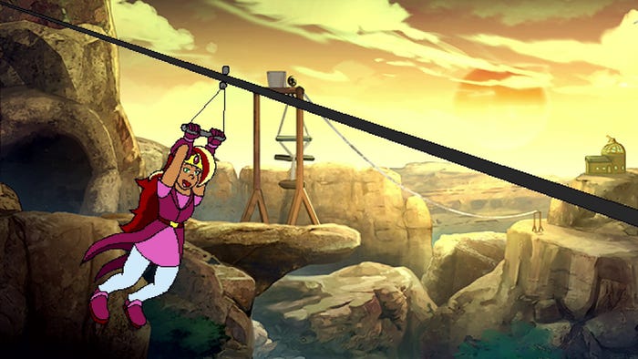 A screenshot from Arzette. The player character rides a zipline.
