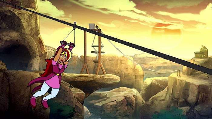 A screenshot from Arzette. The player character rides a zipline. A screenshot from Arzette. The player character rides a zipline.