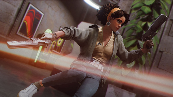 a screenshot from Deathloop. Antagonist Julianna vaults over a barrier while duel-wielding pistols. a screenshot from Deathloop. Antagonist Julianna vaults over a barrier while duel-wielding pistols.