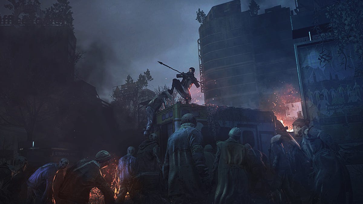 《斯亡光2》游戏截图,展示僵尸题材的激烈战斗场面