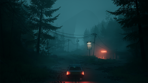 An old station wagon driving into a misty forest in Pacific Drive