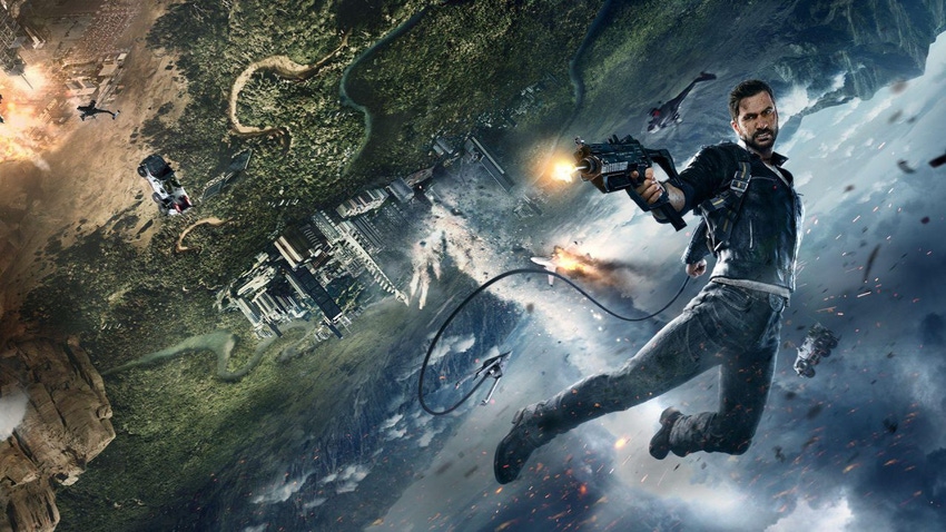 Key art for Avalanche Software's Just Cause 4, showing Rico Rodriguez in mid-air.