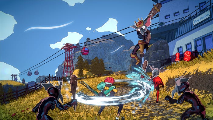 Player character Luisa fights goblins in Dungeons of Hinterberg against a Swiss Alps-style backdrop. Player character Luisa fights goblins in Dungeons of Hinterberg against a Swiss Alps-style backdrop.