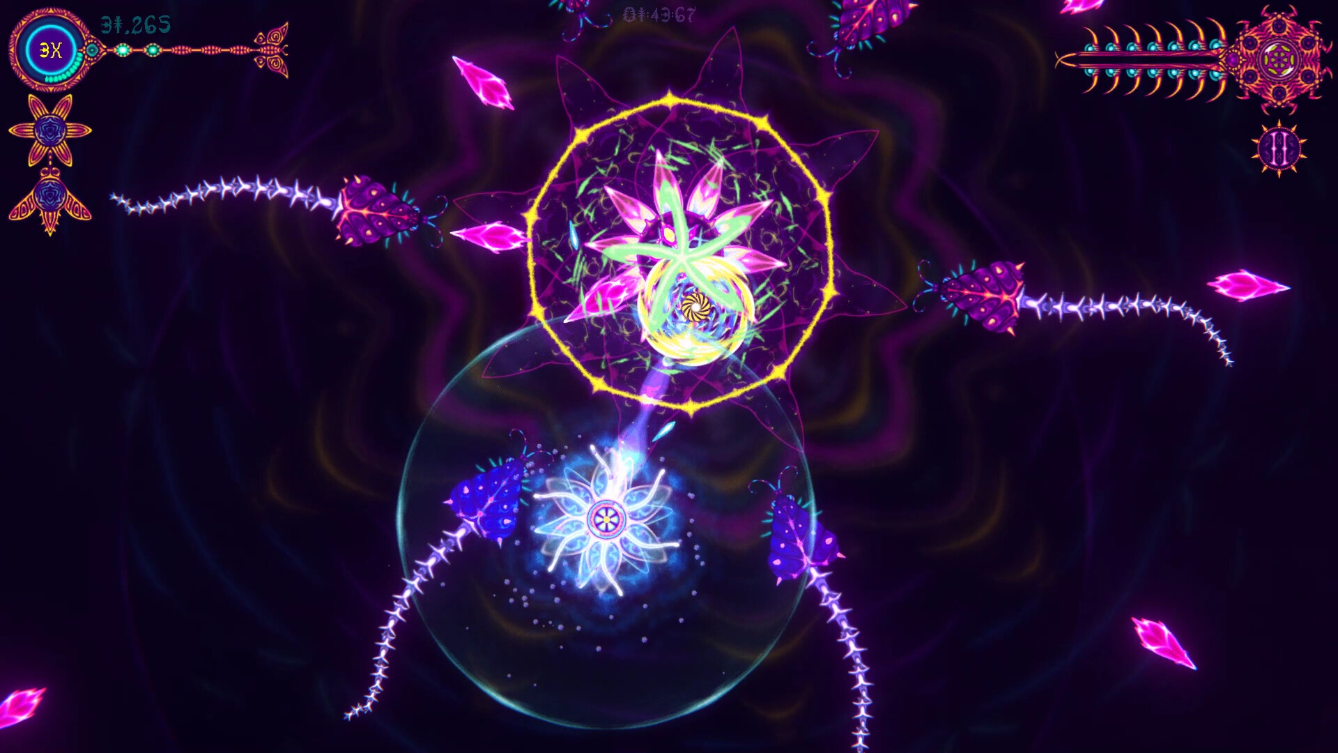 Several long-tailed insects crawl toward a colorful flower pattern