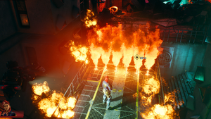 A player surrounded by fire in Artificers
