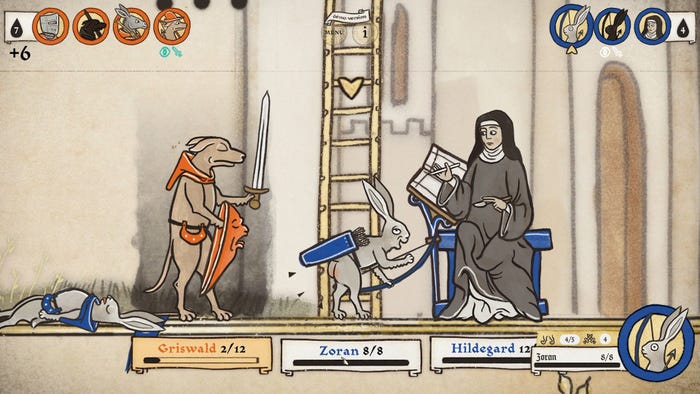A screenshot showing a dog with a sword and shield advancing on an archer rabbit and a nun named 