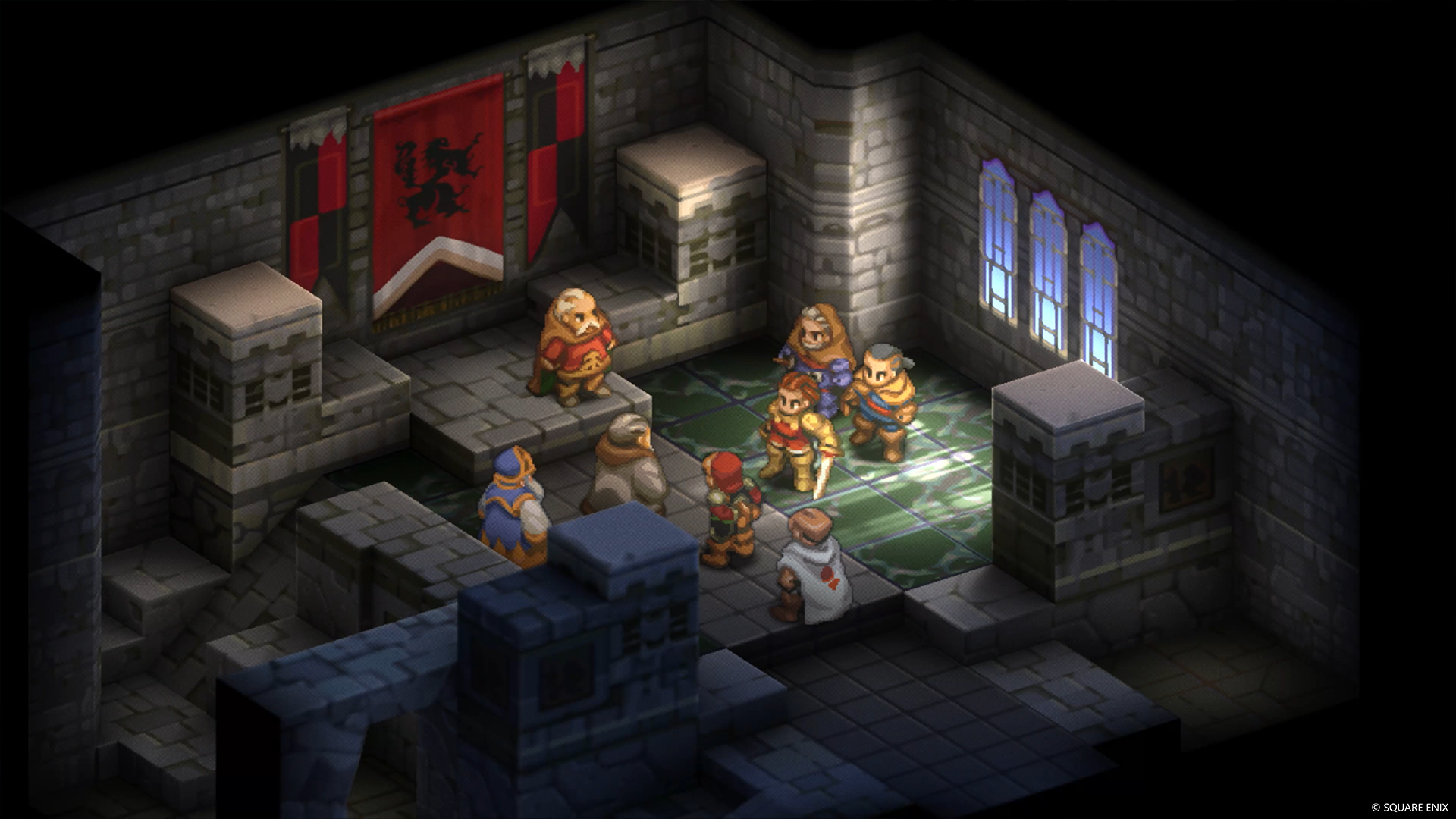 Medieval characters stand in a fortress in Final Fantasy Tactics: Ivalice Chronicles.