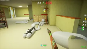 A screenshot of Meccha Chameleon showing multiple players on the floor inside a Backrooms themed stage A screenshot of Meccha Chameleon showing multiple players on the floor inside a Backrooms themed stage