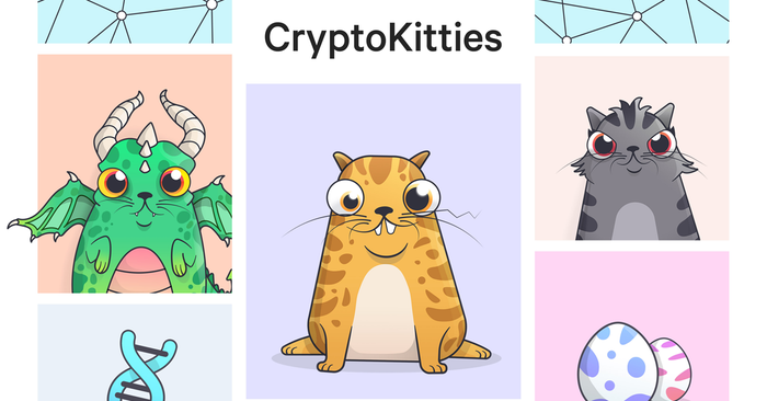 A promotional image for CryptoKitties. It shows a bunch of dumb-looking cats.