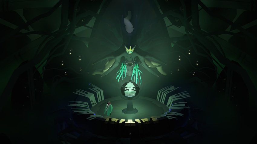 A small creature stands near a glowing orb, a tentacled alien being reaching out from the wall to grasp at the orb