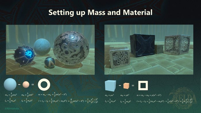 A slide showing the physics calculations behind different materials in Tears of the Kingdom.