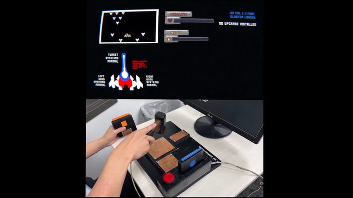a pixel spaceship and hands on a repair controller
