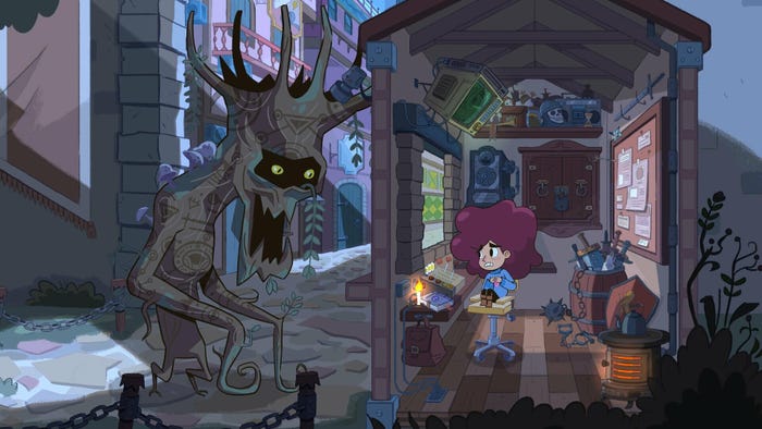A screenshot from Lil' Guardsman. The player character sits in a shack while a tree monster lurks outside.