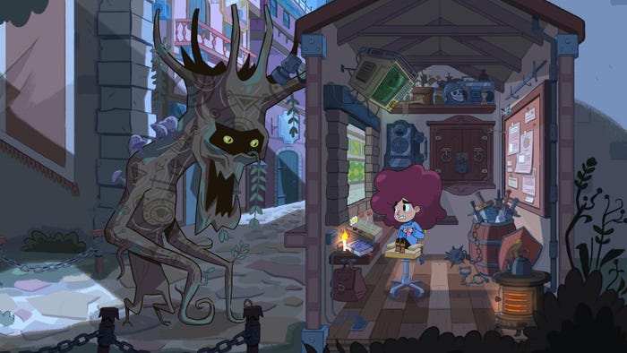A screenshot from Lil' Guardsman. The player character sits in a shack while a tree monster lurks outside. A screenshot from Lil' Guardsman. The player character sits in a shack while a tree monster lurks outside.