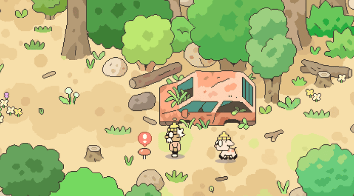 A screenshot from Hermit and Pig. Hermit and Pig stand in a forest.