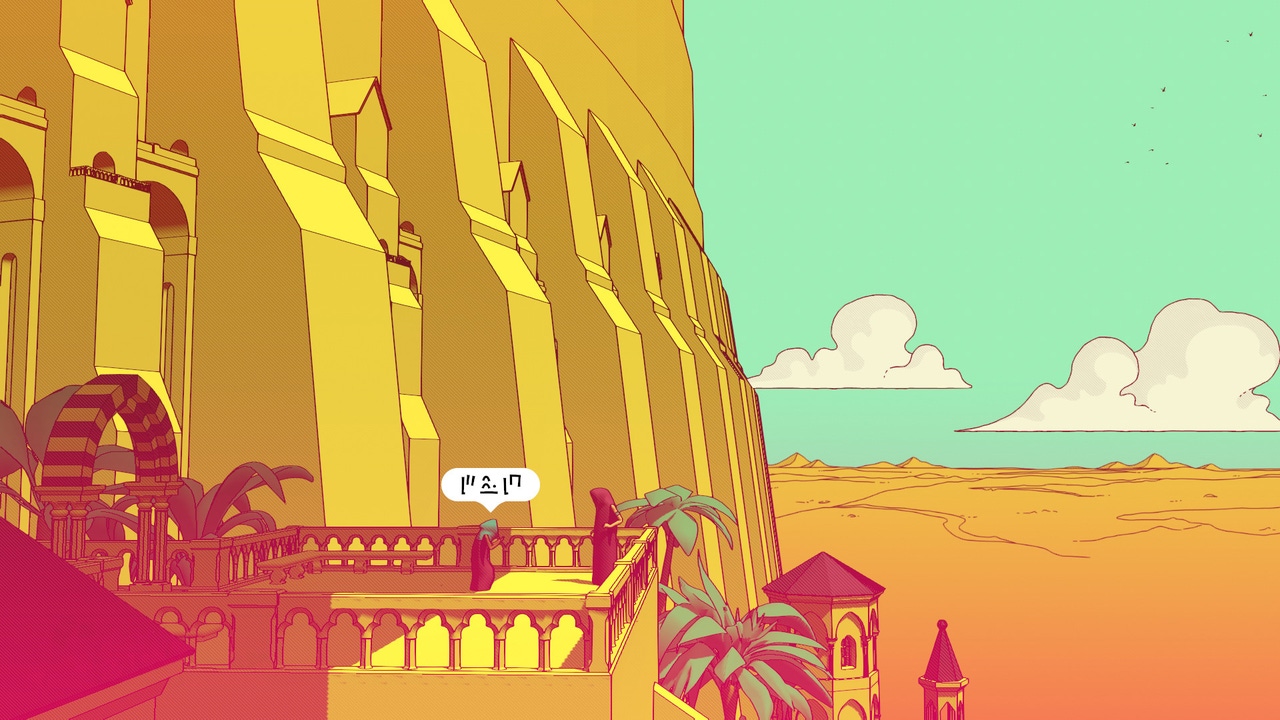 Two figures in red robes stand on a balcony overlooking a golden desert. Two figures in red robes stand on a balcony overlooking a golden desert.