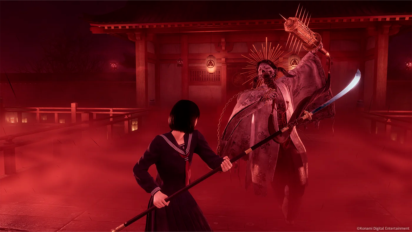 Silent Hill f's Shimizu Hinako fights a monstrous priest enemy.