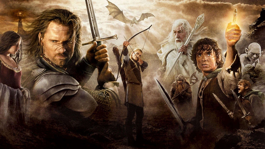 Main poster for New Line's Lord of the Rings: Return of the King, showing the franchise's main cast.