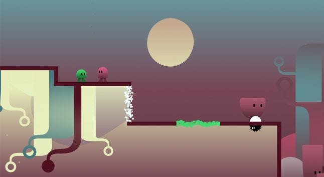 Ibb and Obb; a green and pink blob face each other on a safe platform before a puzzle below them