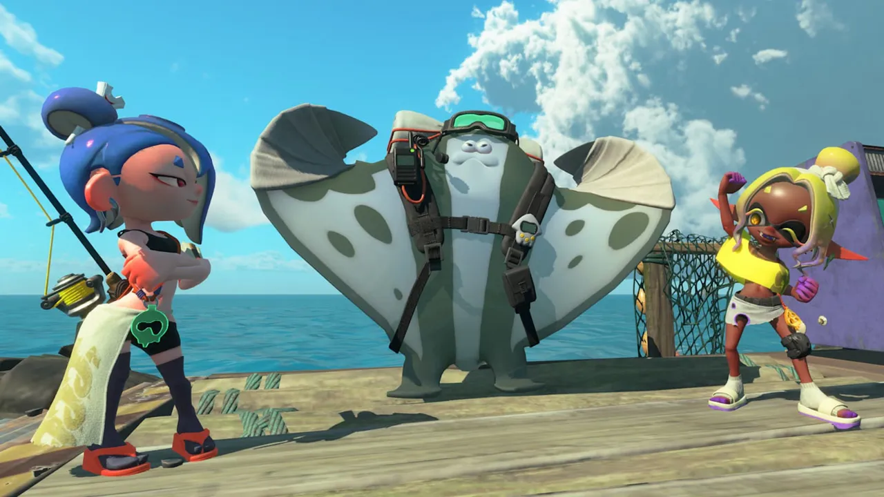 A screenshot of Splatoon Raiders, showcasing two characters standing alongside a flexing manta ray A screenshot of Splatoon Raiders, showcasing two characters standing alongside a flexing manta ray