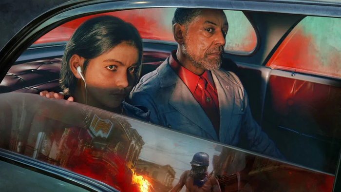 Promo art of Ubisoft's Far Cry 6 showing the Castillos driving through a riot in the streets.