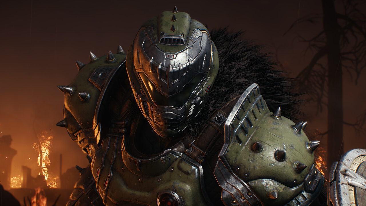 The Doom Slayer growls at the camera. The Doom Slayer growls at the camera.