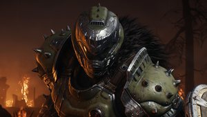 The Doom Slayer growls at the camera. The Doom Slayer growls at the camera.