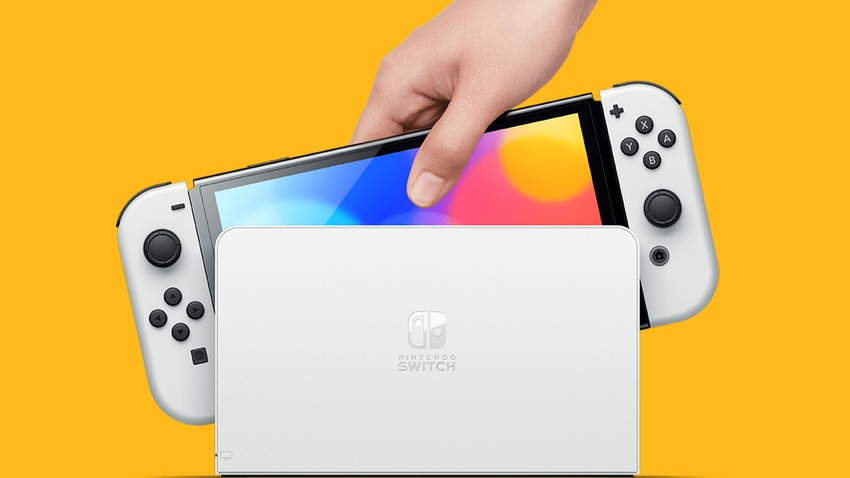 The Switch OLED on a yellow background