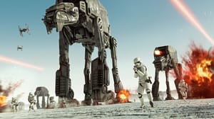 A screenshot from 2017's Star Wars: Battlefront II showing an angled battle scene where several AT-STs are accompanied by Imperial Storm Troopers. A screenshot from 2017's Star Wars: Battlefront II showing an angled battle scene where several AT-STs are accompanied by Imperial Storm Troopers.