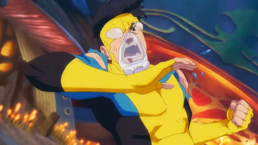 Invincible fighting an undersea monster in a scene from Invincible season 2.