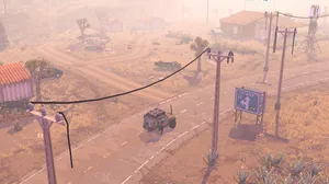 A screenshot from Garbage Country showing a vehicle driving through a barren, dust-bitten wasteland A screenshot from Garbage Country showing a vehicle driving through a barren, dust-bitten wasteland