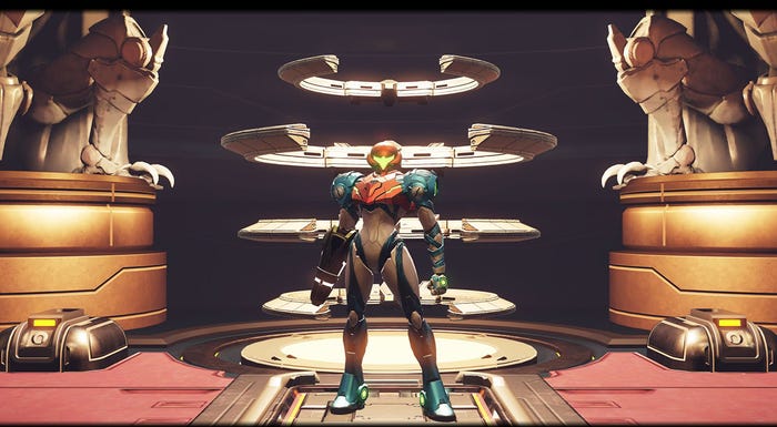 A screenshot from Metroid Dread showing the title's iteration of protagonist Samus Aran