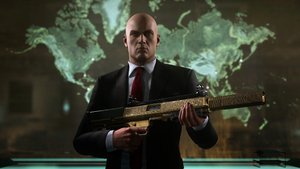 A screenshot of Agent 47 holding a gold shotgun. A screenshot of Agent 47 holding a gold shotgun.