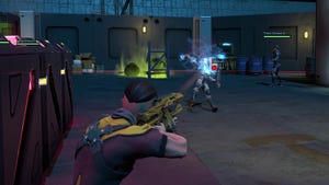A screenshot from Cyber Knights: Flashpoint. A character opens fire on an unsuspecting guard.