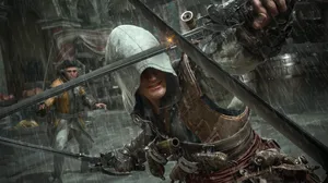 The protagonist of Assassin's Creed Black Flag defends himself from a sword strike The protagonist of Assassin's Creed Black Flag defends himself from a sword strike