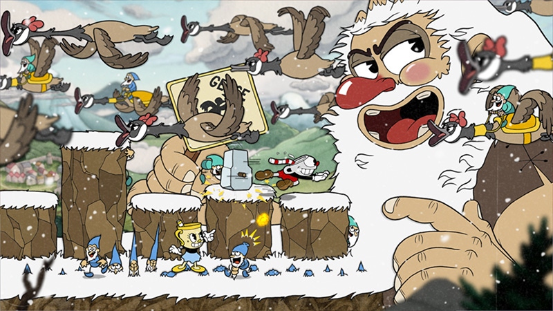 A screenshot from Cuphead: The Delicious Last Course. Two player characters take on a giant boss.